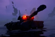 A dark tank with a long gun and glowing red lights sits in purple fog on a battlefield.