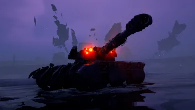 A dark tank with a long gun and glowing red lights sits in purple fog on a battlefield.
