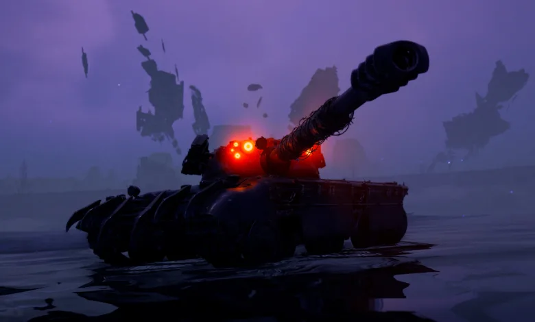 A dark tank with a long gun and glowing red lights sits in purple fog on a battlefield.
