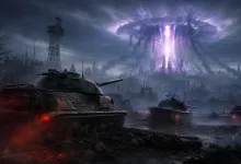 Three tanks advance toward a glowing violet portal in a dark, ruined battlefield.