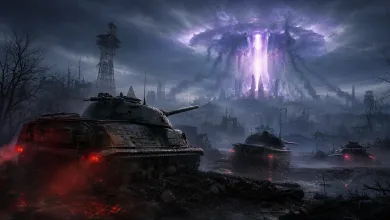 Three tanks advance toward a glowing violet portal in a dark, ruined battlefield.
