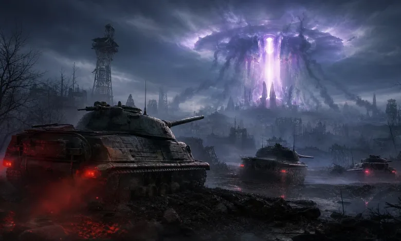 Three tanks advance toward a glowing violet portal in a dark, ruined battlefield.