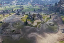 A castle, roads, and reshaped grassy terrain on the Nebelburg map in World of Tanks.