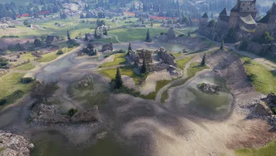 A castle, roads, and reshaped grassy terrain on the Nebelburg map in World of Tanks.