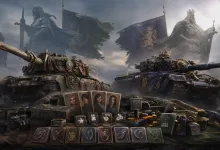 Two ornate World of Tanks vehicles flank a display of crew portraits, equipment, medals, and reward tokens.
