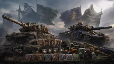 Two ornate World of Tanks vehicles flank a display of crew portraits, equipment, medals, and reward tokens.