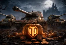 Three World of Tanks vehicles stand behind a glowing pumpkin and scattered tokens in a moonlit Halloween scene.