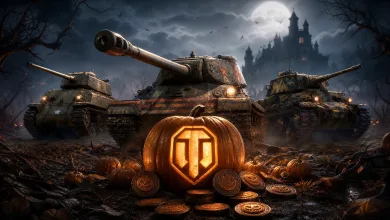Three World of Tanks vehicles stand behind a glowing pumpkin and scattered tokens in a moonlit Halloween scene.