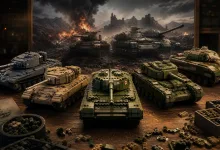 Five brick-built tank models arranged on a workbench, with a battle scene displayed behind them.