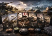 Illustrated tank cards and stacks of tokens on a tabletop, with tanks on a battlefield in the background.