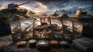 Illustrated tank cards and stacks of tokens on a tabletop, with tanks on a battlefield in the background.