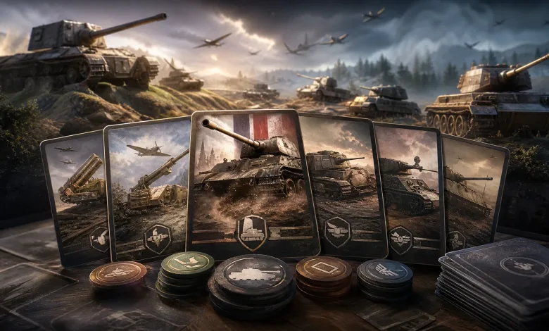 Illustrated tank cards and stacks of tokens on a tabletop, with tanks on a battlefield in the background.