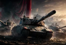 Several battle tanks advance across rocky ground, with a large tank in the foreground, red theater curtains to the left, and mountains in the distance.