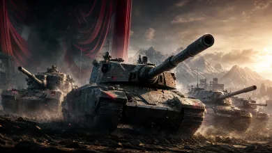 Several battle tanks advance across rocky ground, with a large tank in the foreground, red theater curtains to the left, and mountains in the distance.