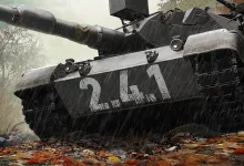 A close-up of a tank marked 2.4.1 in a rain-soaked autumn battlefield.