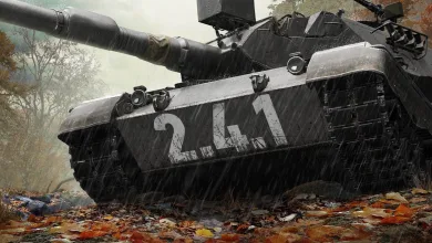 A close-up of a tank marked 2.4.1 in a rain-soaked autumn battlefield.