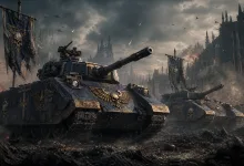 Two dark, skull-emblazoned tanks advance through the rubble of a gothic city.