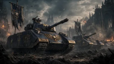 Two dark, skull-emblazoned tanks advance through the rubble of a gothic city.