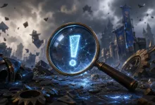 A glowing exclamation mark under a magnifying glass amid debris before a fantasy citadel with blue banners.