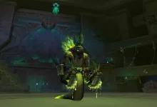 A green-scaled creature stands inside a dim stone dungeon in World of Warcraft.