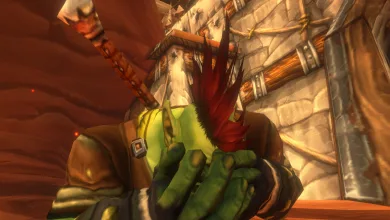 An orc character stands inside a dungeon-like environment in World of Warcraft: Forever.