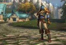 A blue-skinned Skyborne character stands in an outdoor village in World of Warcraft: Forever.