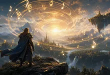An armored adventurer overlooks a mountain kingdom as glowing musical notes spiral across the sky.