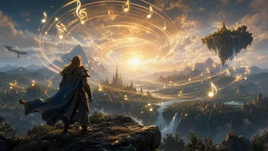 An armored adventurer overlooks a mountain kingdom as glowing musical notes spiral across the sky.