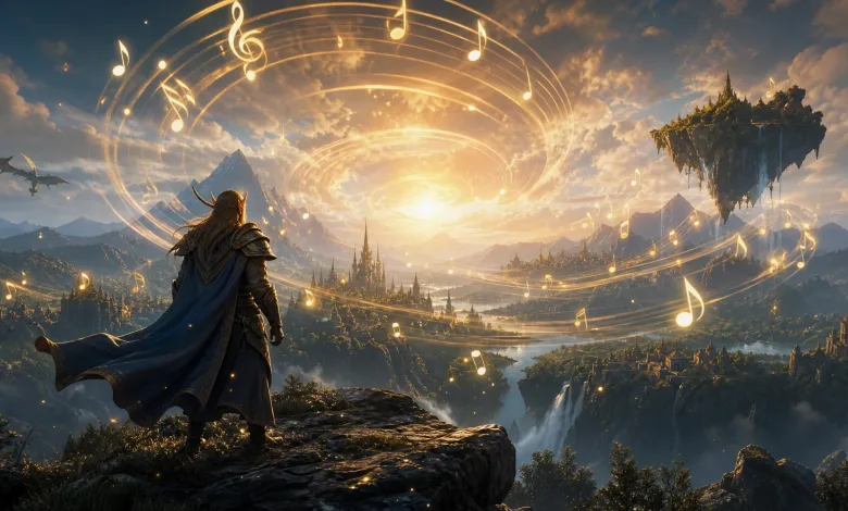 An armored adventurer overlooks a mountain kingdom as glowing musical notes spiral across the sky.