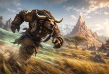 A horned Tauren-like character sprints across a grassy plain with streaks of green light trailing behind.
