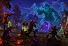 Adventurers face a spectral giant beside a glowing portal in a Halloween-decorated World of Warcraft neighborhood.