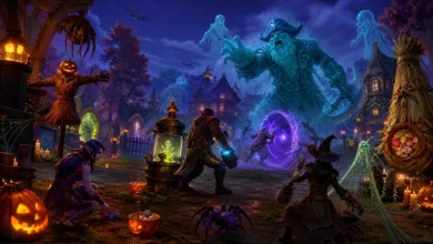 Adventurers face a spectral giant beside a glowing portal in a Halloween-decorated World of Warcraft neighborhood.