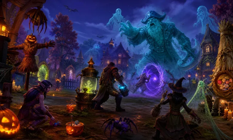 Adventurers face a spectral giant beside a glowing portal in a Halloween-decorated World of Warcraft neighborhood.