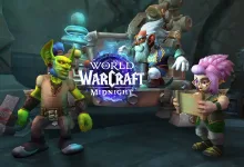 Three fantasy characters flank the World of Warcraft: Midnight logo in a workshop-like setting.