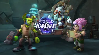 Three fantasy characters flank the World of Warcraft: Midnight logo in a workshop-like setting.