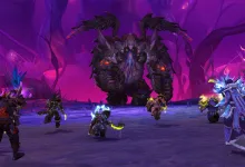 Players in World of Warcraft: Midnight approach a massive winged purple creature in a glowing purple cavern.