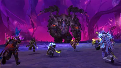 Players in World of Warcraft: Midnight approach a massive winged purple creature in a glowing purple cavern.