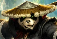 A Pandaren monk in a broad straw hat and dark robes fills the frame.