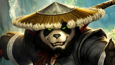 A Pandaren monk in a broad straw hat and dark robes fills the frame.
