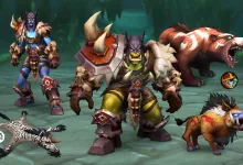Two World of Warcraft characters in rugged armor stand beside a bear and a boar.