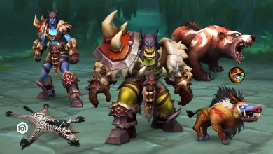 Two World of Warcraft characters in rugged armor stand beside a bear and a boar.