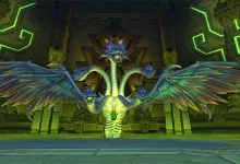 The multi-headed, winged Ula'tek boss stands in a green-lit stone chamber in World of Warcraft.