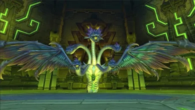 The multi-headed, winged Ula'tek boss stands in a green-lit stone chamber in World of Warcraft.