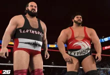 Earthquake and Typhoon stand side by side in a WWE 2K26 wrestling ring.