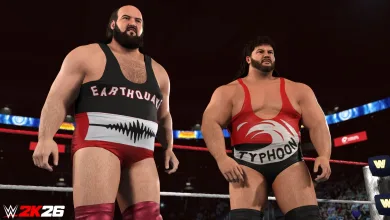 Earthquake and Typhoon stand side by side in a WWE 2K26 wrestling ring.