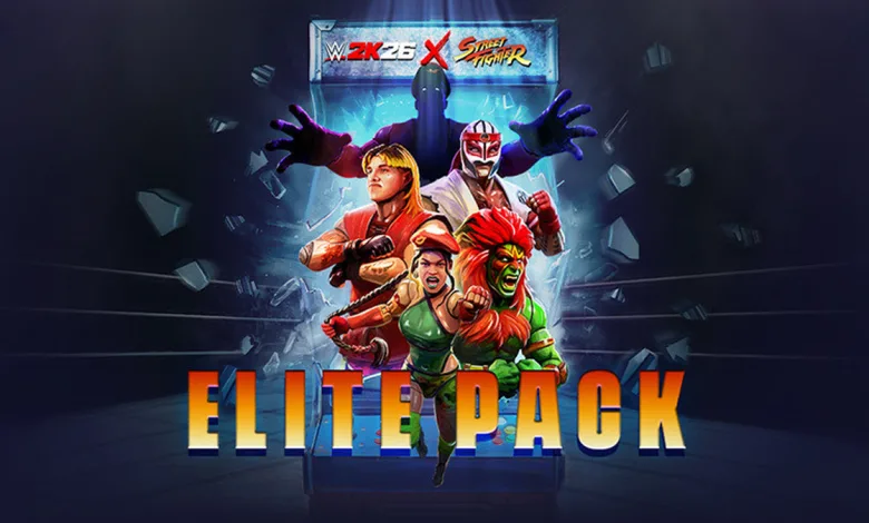 WWE 2K26 and Street Fighter crossover artwork featuring WWE wrestlers in Street Fighter-inspired costumes.