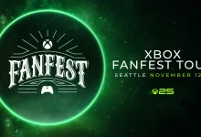 Green Xbox FanFest emblem beside Seattle tour branding for November 12.