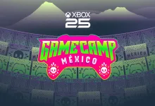 Colorful Xbox Game Camp México logo over a patterned backdrop with Xbox 25 branding.