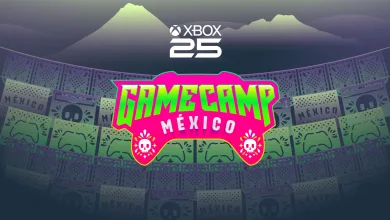 Colorful Xbox Game Camp México logo over a patterned backdrop with Xbox 25 branding.