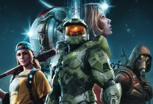 A green armored soldier stands at the center of a group of video game characters against a star-filled backdrop.